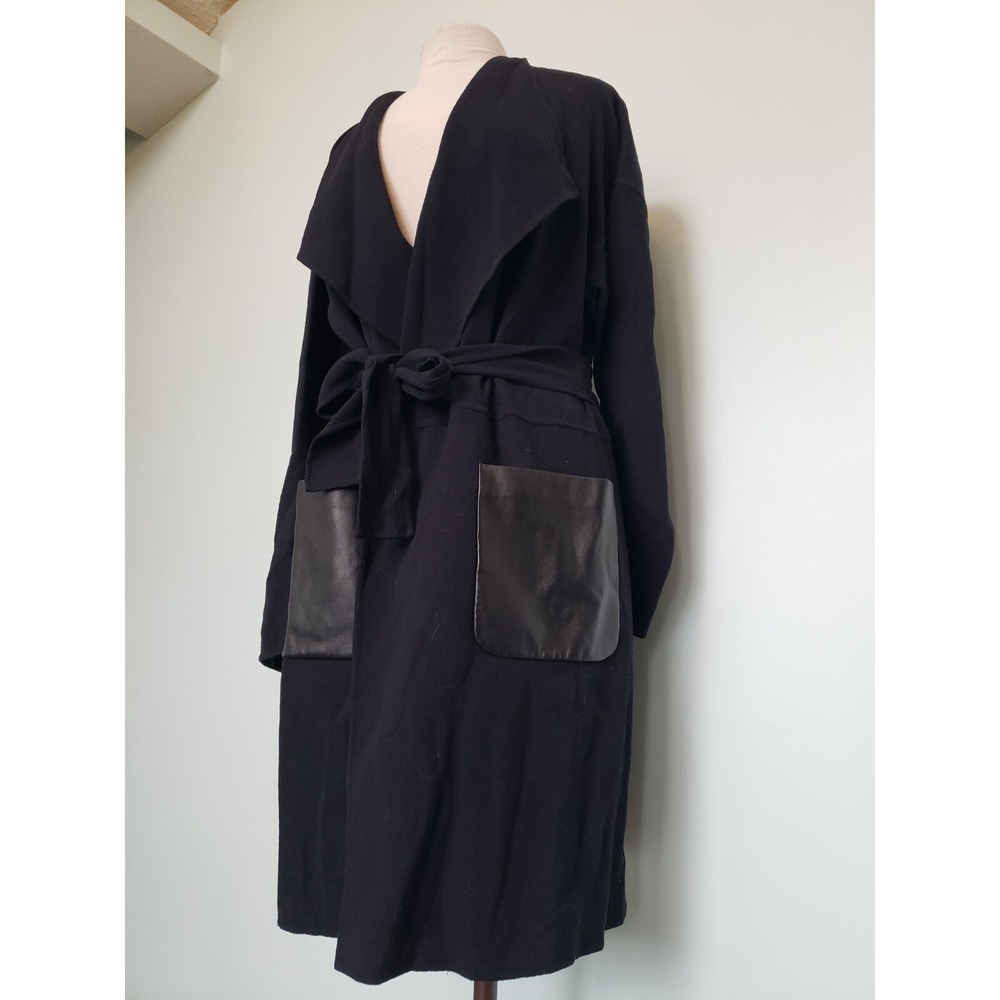 Apostrophe Womens‎ 42 L 100% Wool Coat Belted Lambskin Leather Pockets Dark Navy - Picture 11 of 13